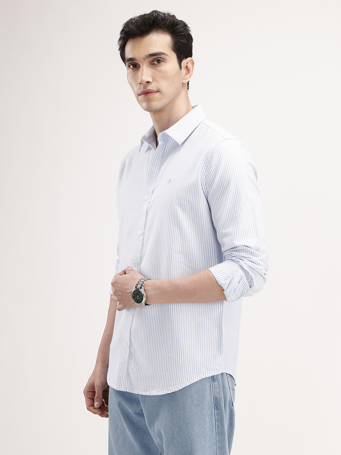 Image of WROGN Men Striped Casual Blue Shirt