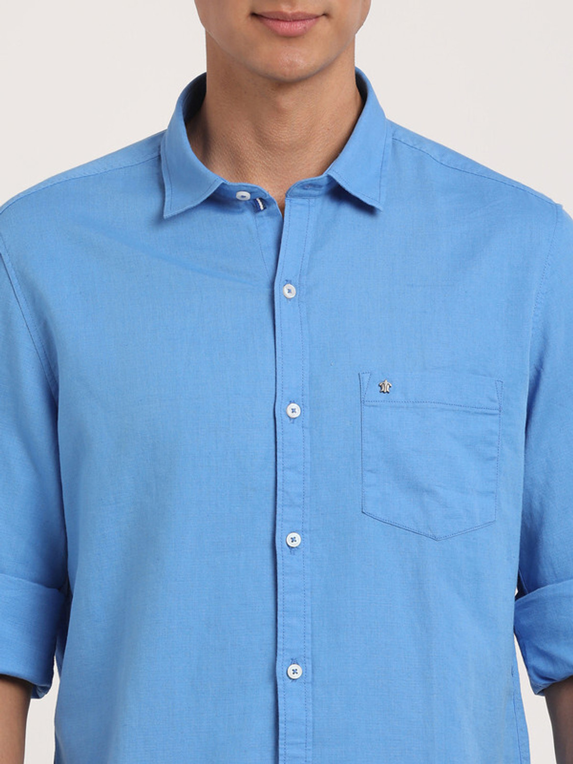 Image of TURTLE Men Solid Casual Blue Shirt