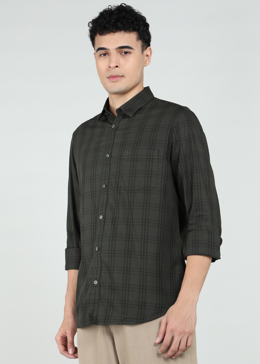 Image of INDIAN TERRAIN Men Checkered Casual Green Shirt