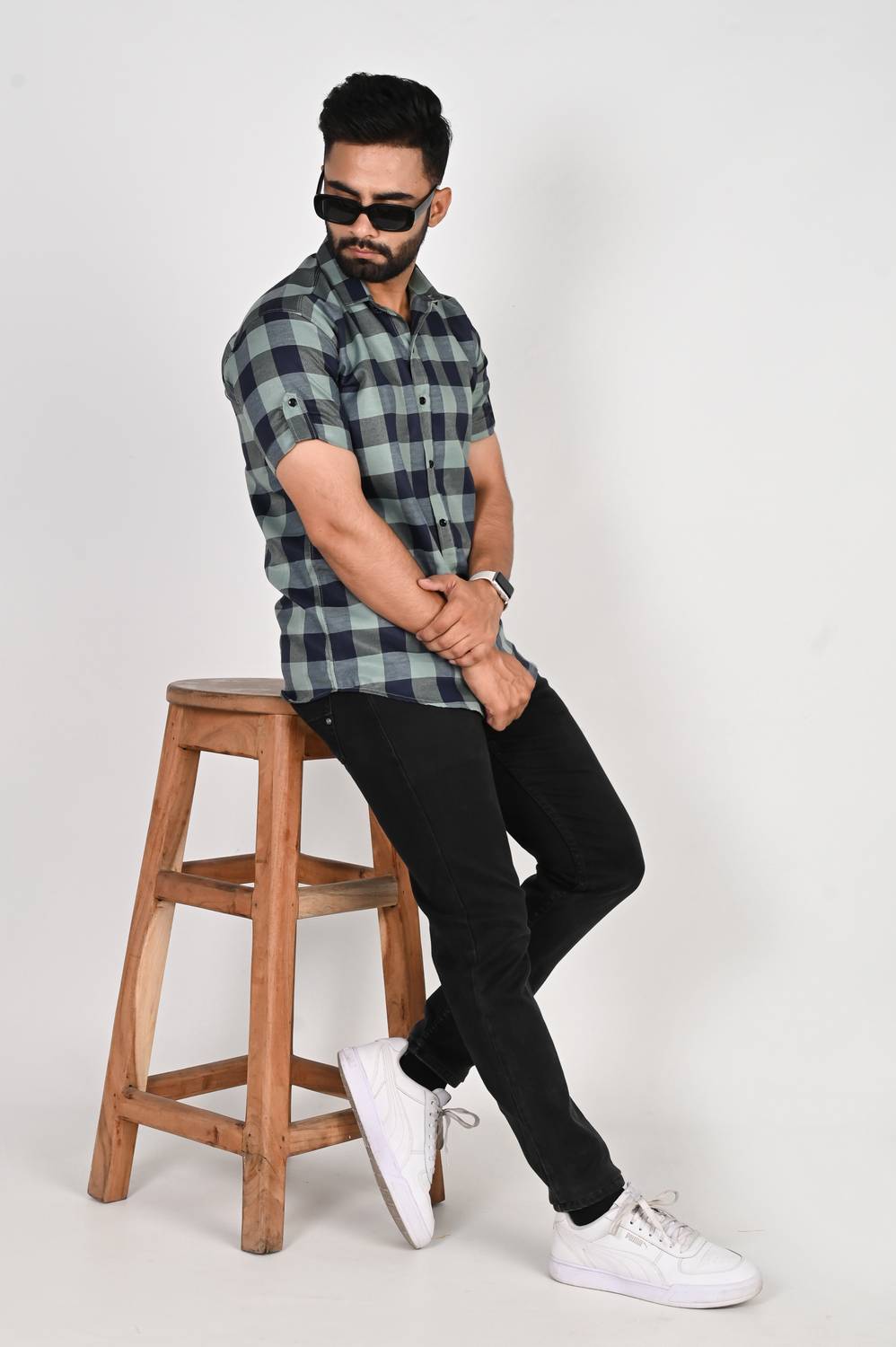 Dark Age Men Checkered Casual Green, Dark Blue Shirt