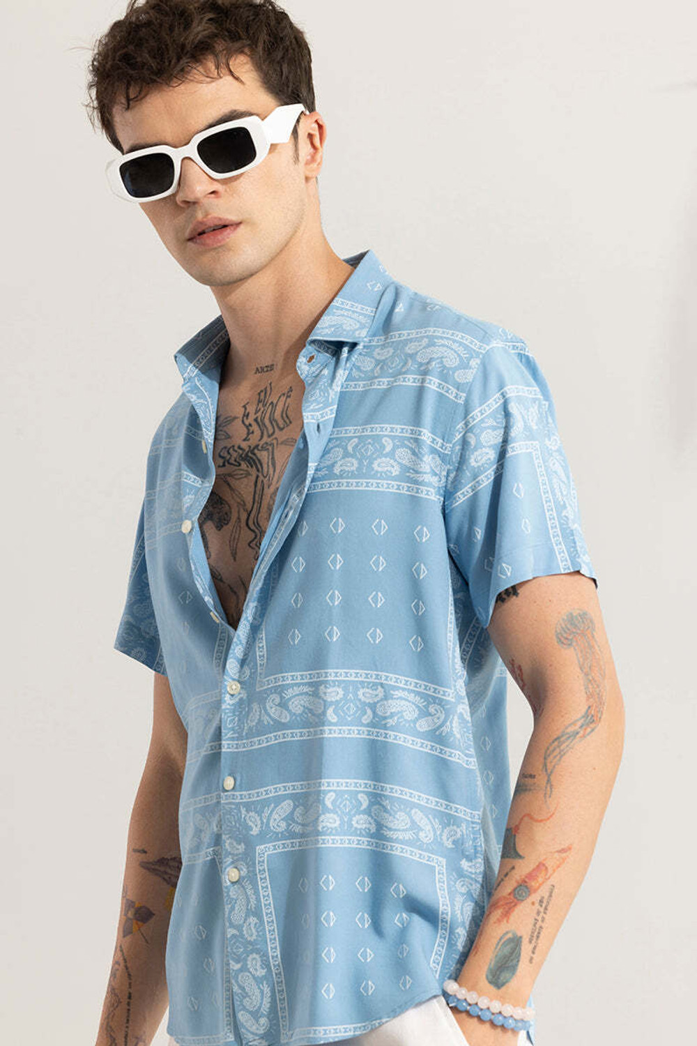 Image of Snitch Men Printed Casual Blue Shirt
