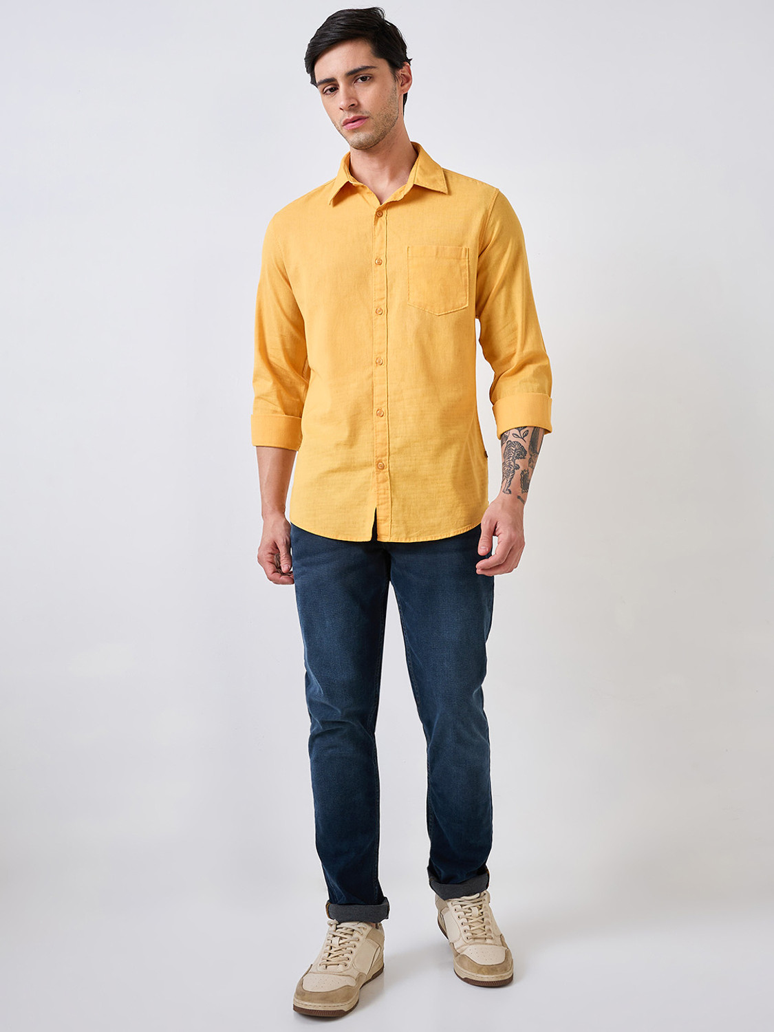 Image of Spykar Men Solid Casual Yellow Shirt