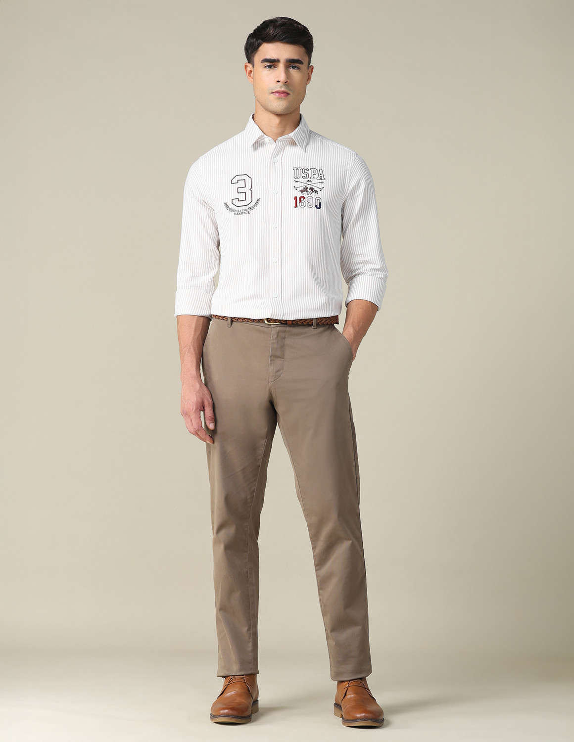 Image of U.S. POLO ASSN. Men Striped Casual Brown Shirt