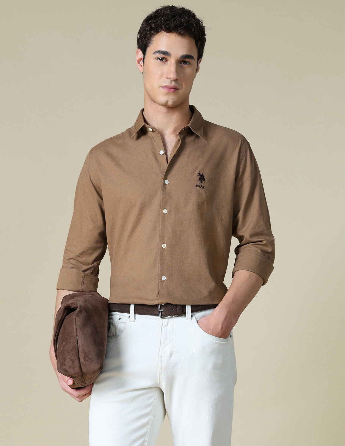 Image of U.S. Polo Assn. Denim Co. Men Embroidered Casual Brown Shirt