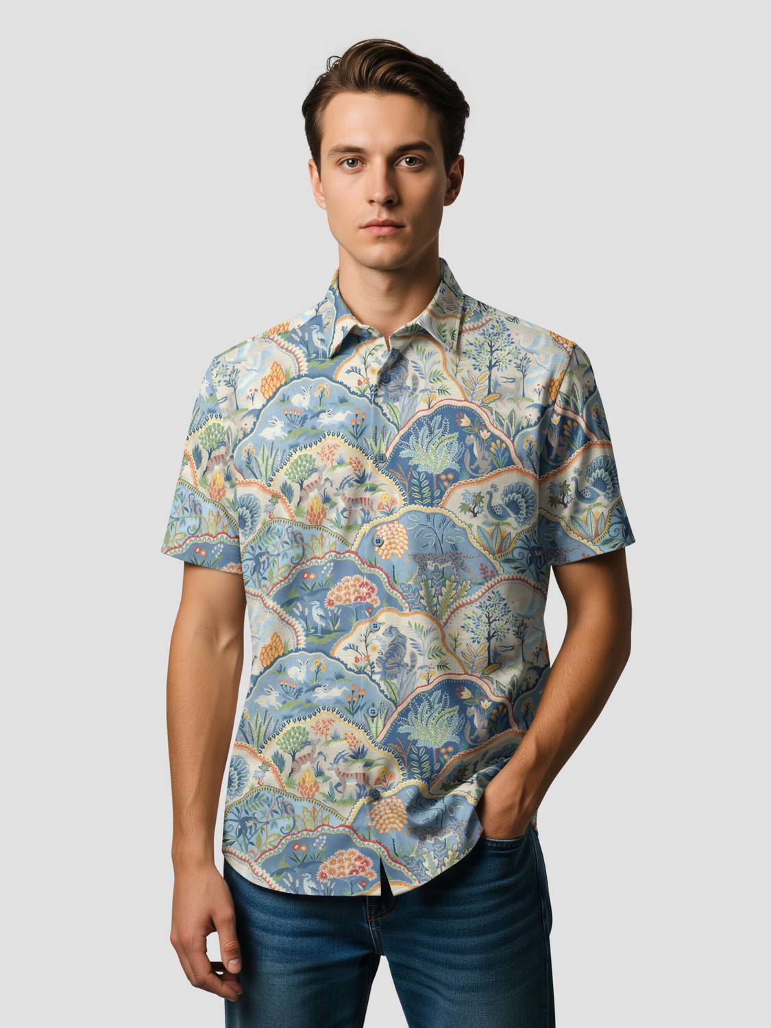 Bullmer Men Printed Casual Dark Blue Shirt