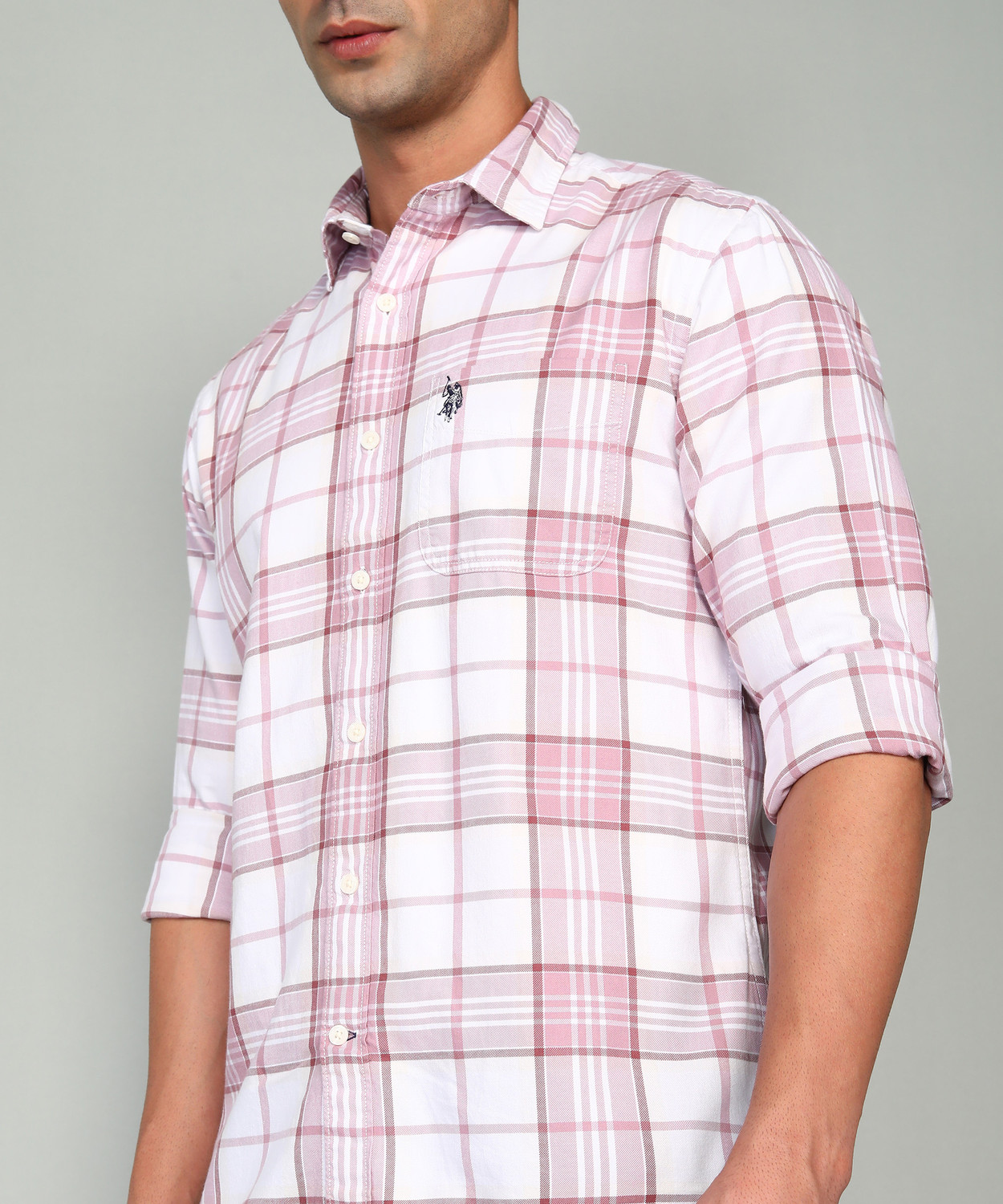 Image of U.S. POLO ASSN. Men Checkered Casual White, Pink Shirt