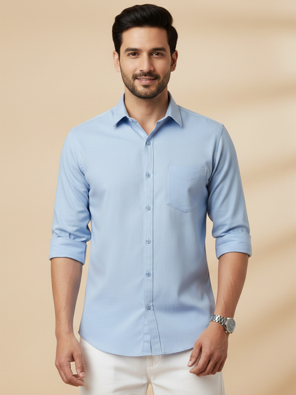 Image of METRONAUT Men Solid Casual Light Blue Shirt