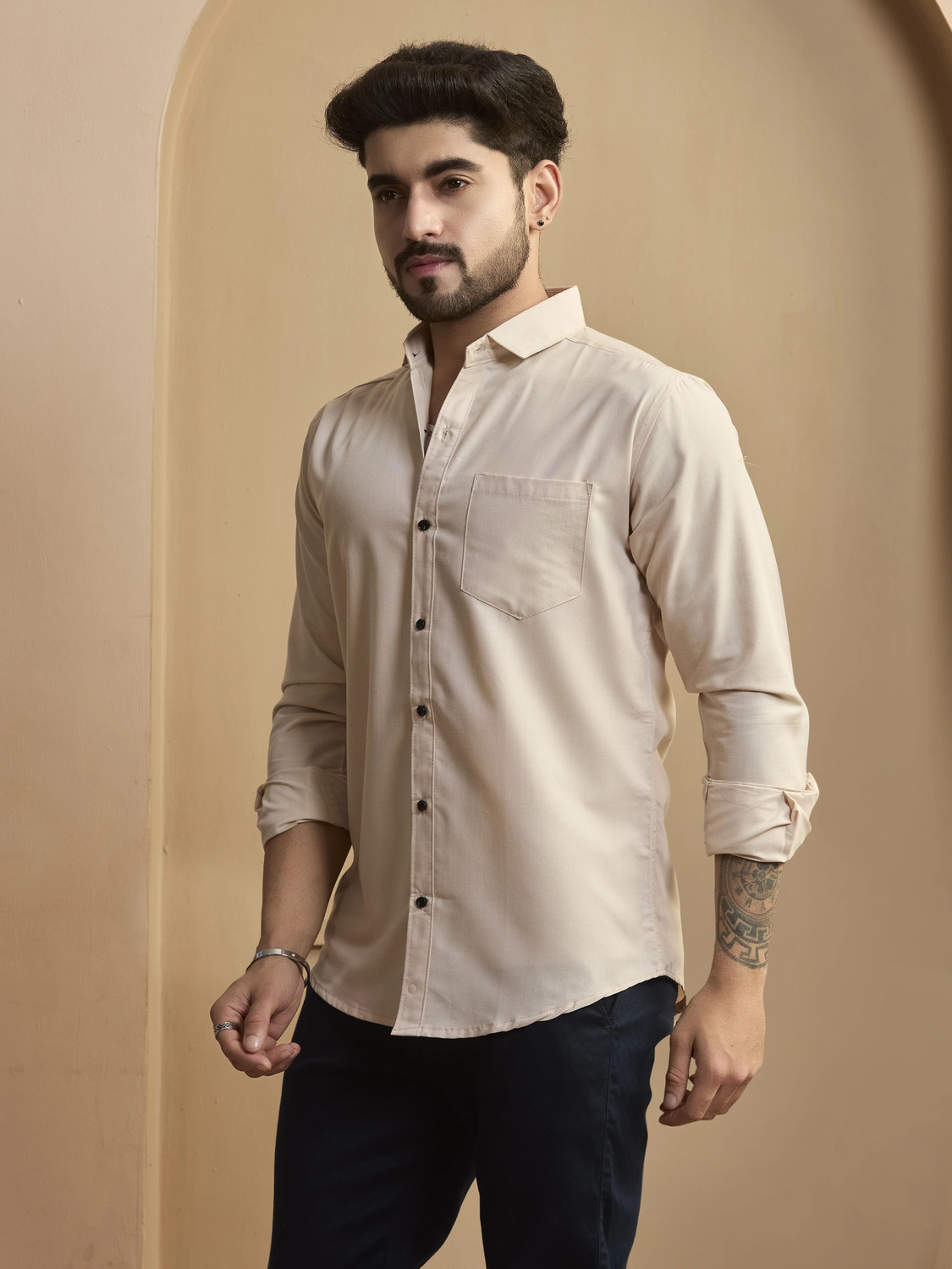 Image of STONEBERG Men Solid Formal Cream Shirt