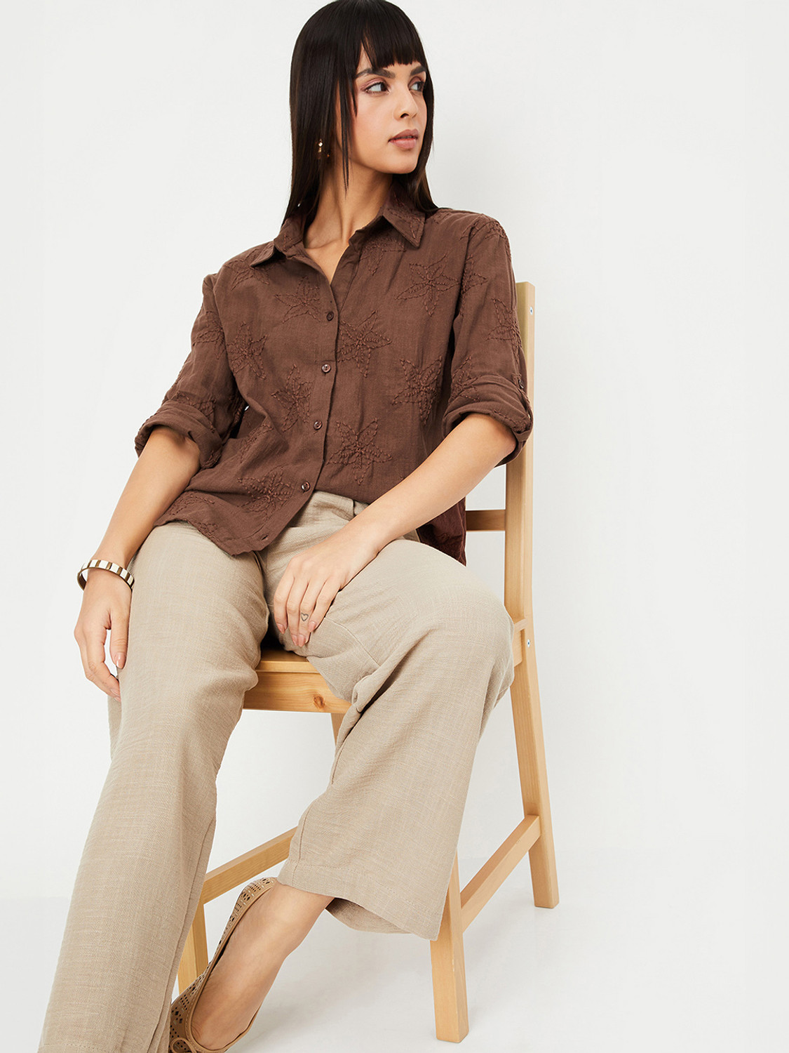 Image of MAX Women Embroidered Casual Brown Shirt