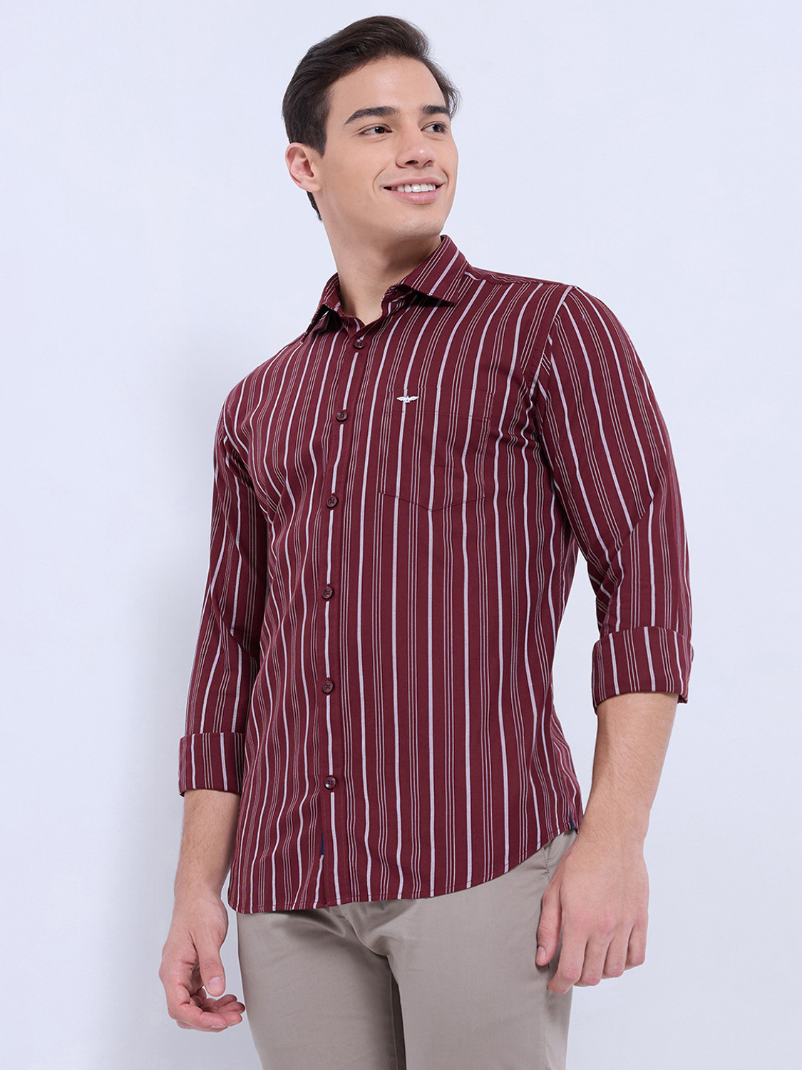 Image of PARK AVENUE Men Striped Casual Maroon Shirt