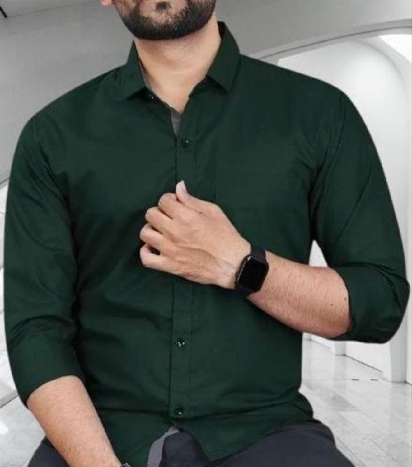 Image of Kalawatia fashion Men Solid Casual Dark Green Shirt