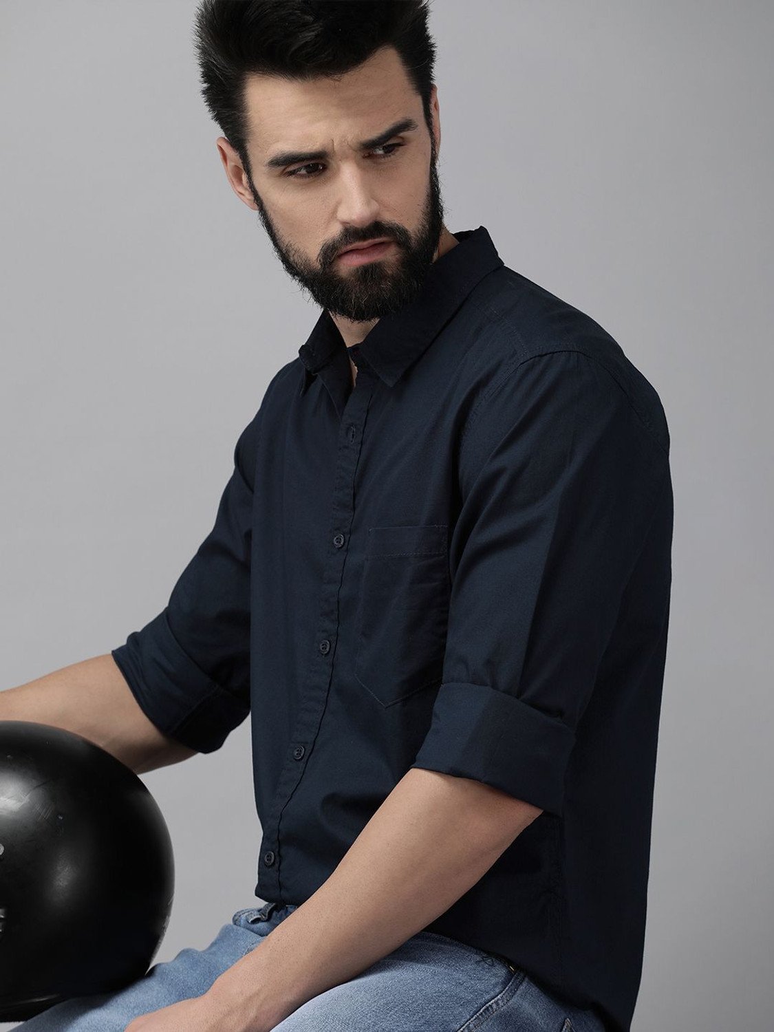 Image of Roadster Men Solid Casual Dark Blue Shirt