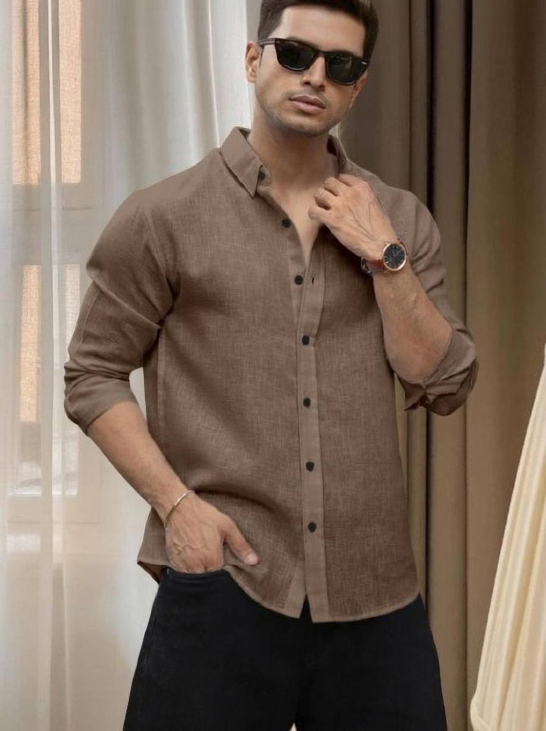 AANKLAR Men Solid Casual Brown Shirt