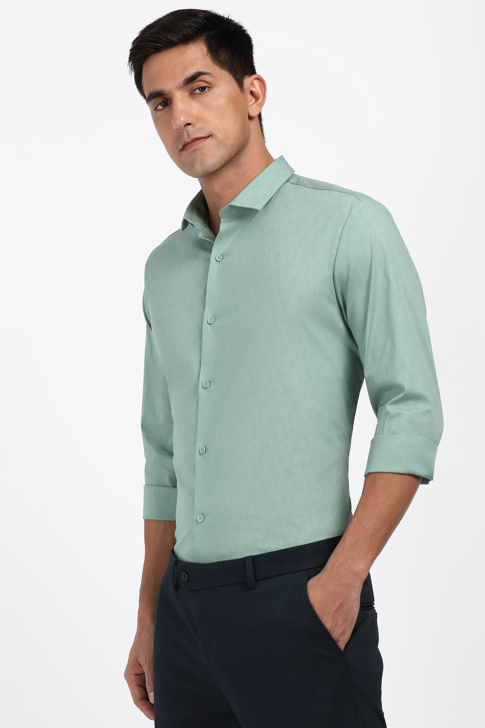 Image of PETER ENGLAND Men Solid Formal Green Shirt