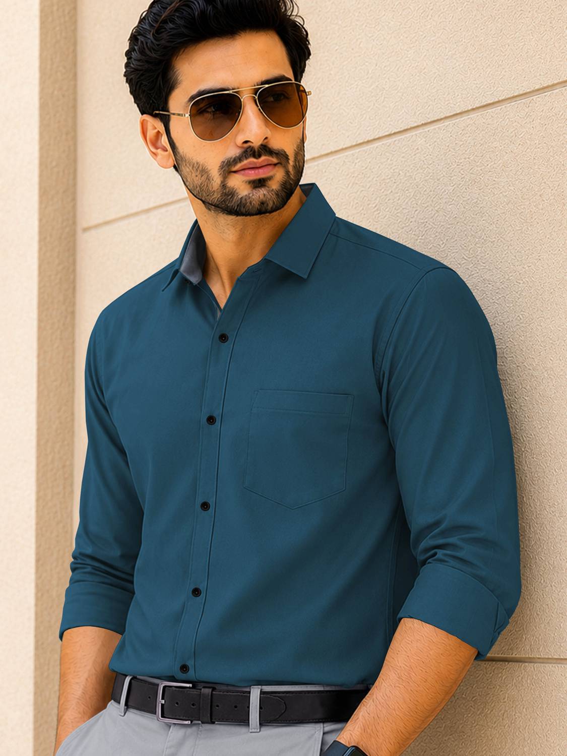 VeBNoR Men Solid Casual Blue Shirt