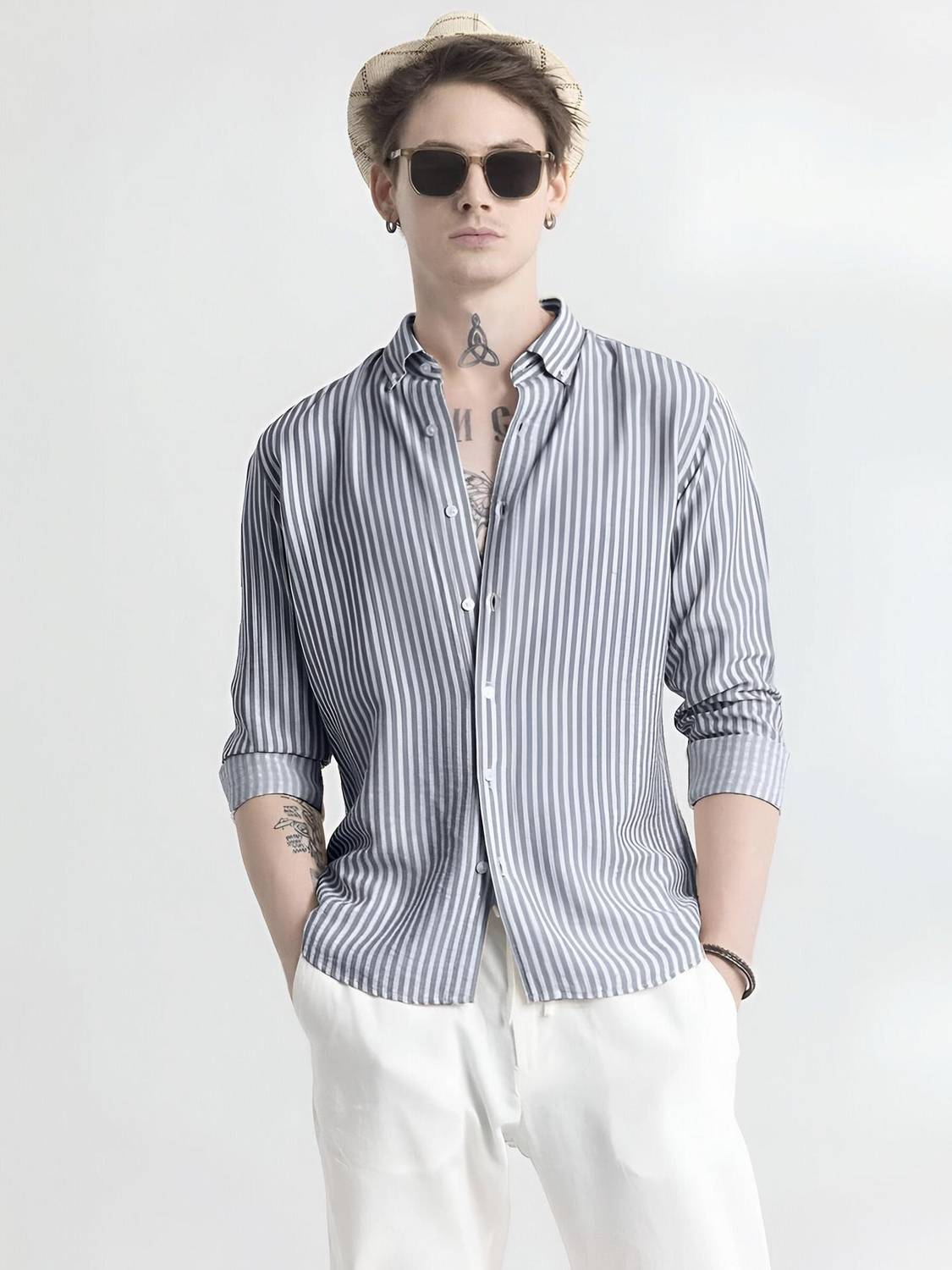 METRONAUT Men Striped Casual Grey Shirt