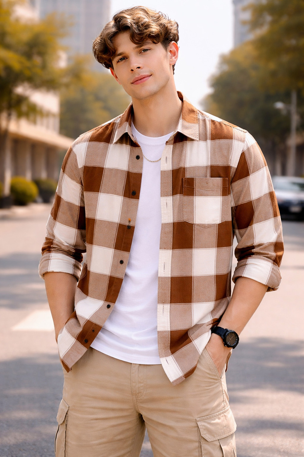 Image of FalconWear Men Checkered Casual Brown, White Shirt