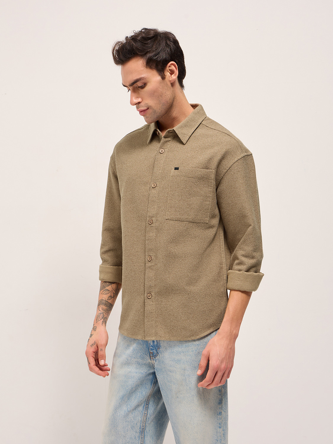 Image of THE BEAR HOUSE Men Solid Casual Beige Shirt