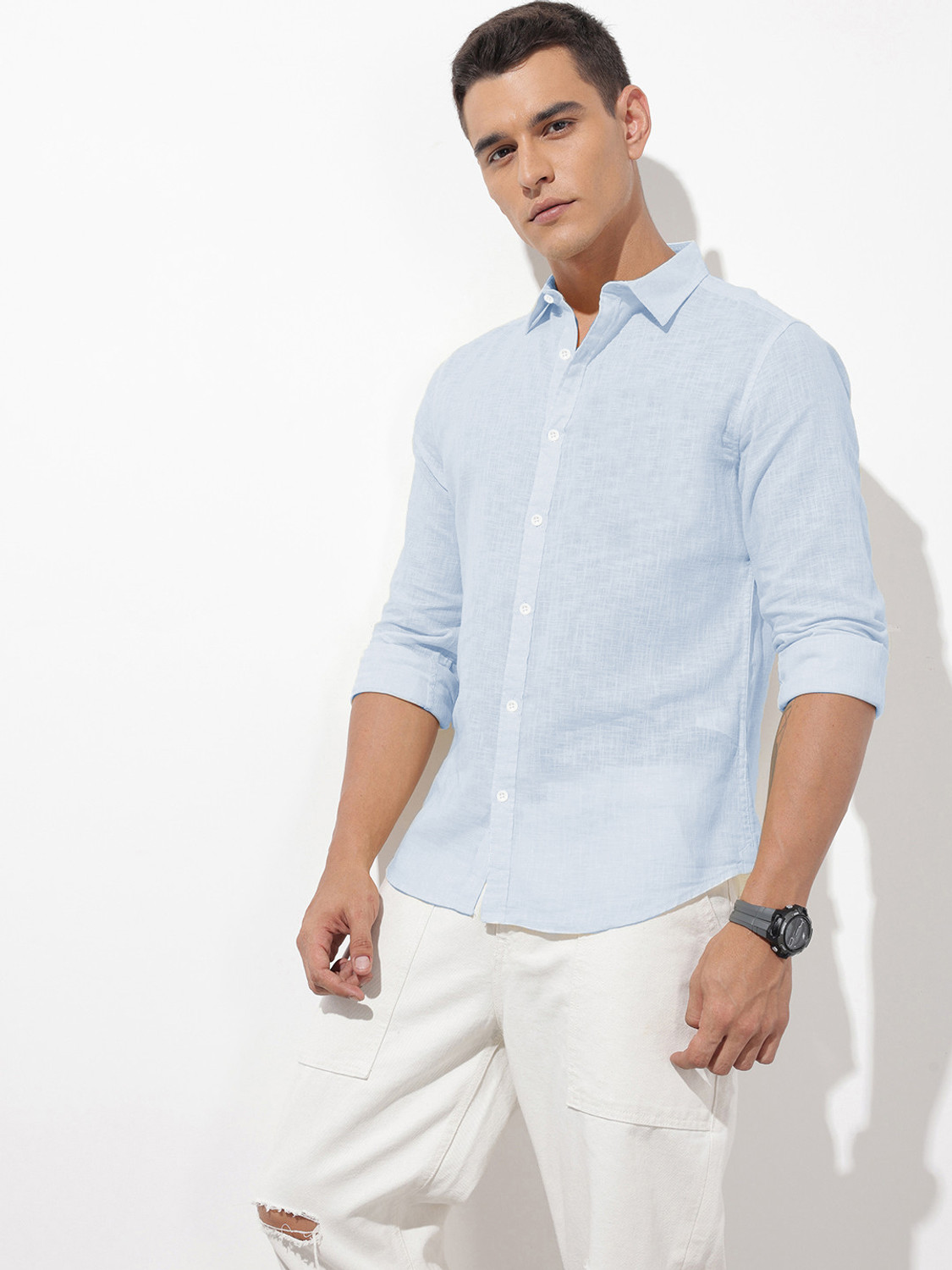 Image of SHIRTZONE Men Solid Casual Light Blue Shirt