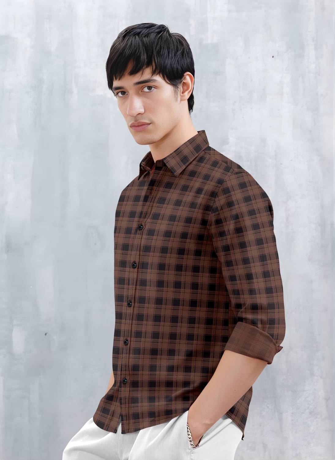 SZN Men Checkered Casual Brown Shirt - Image 2