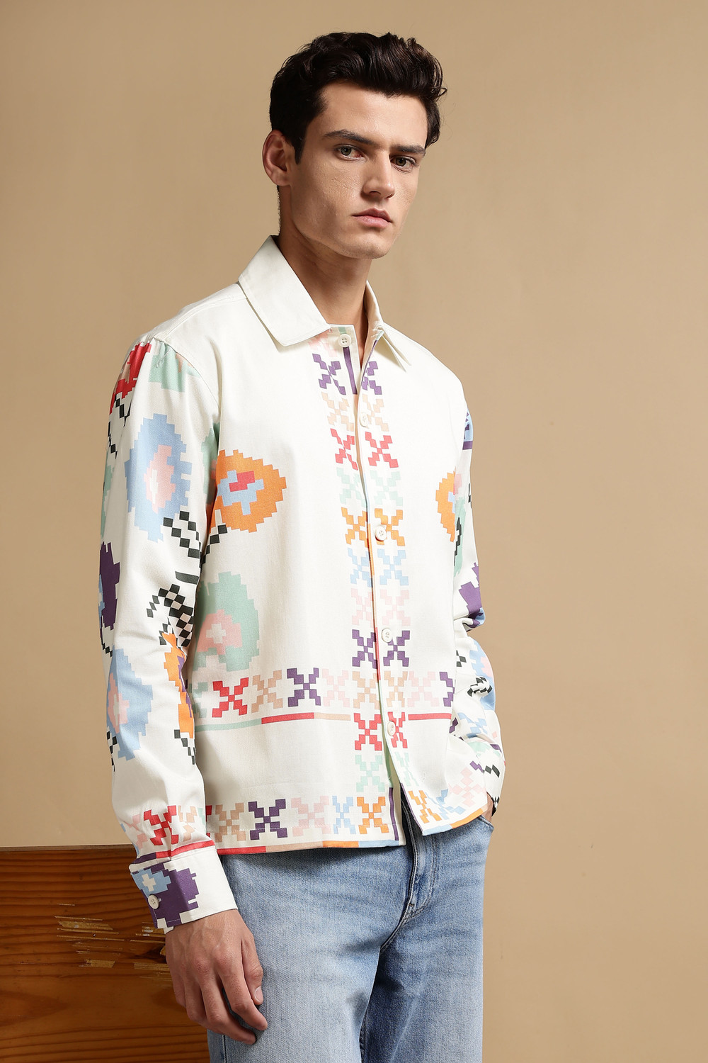 Image of Eszett Men Printed Casual Cream Shirt