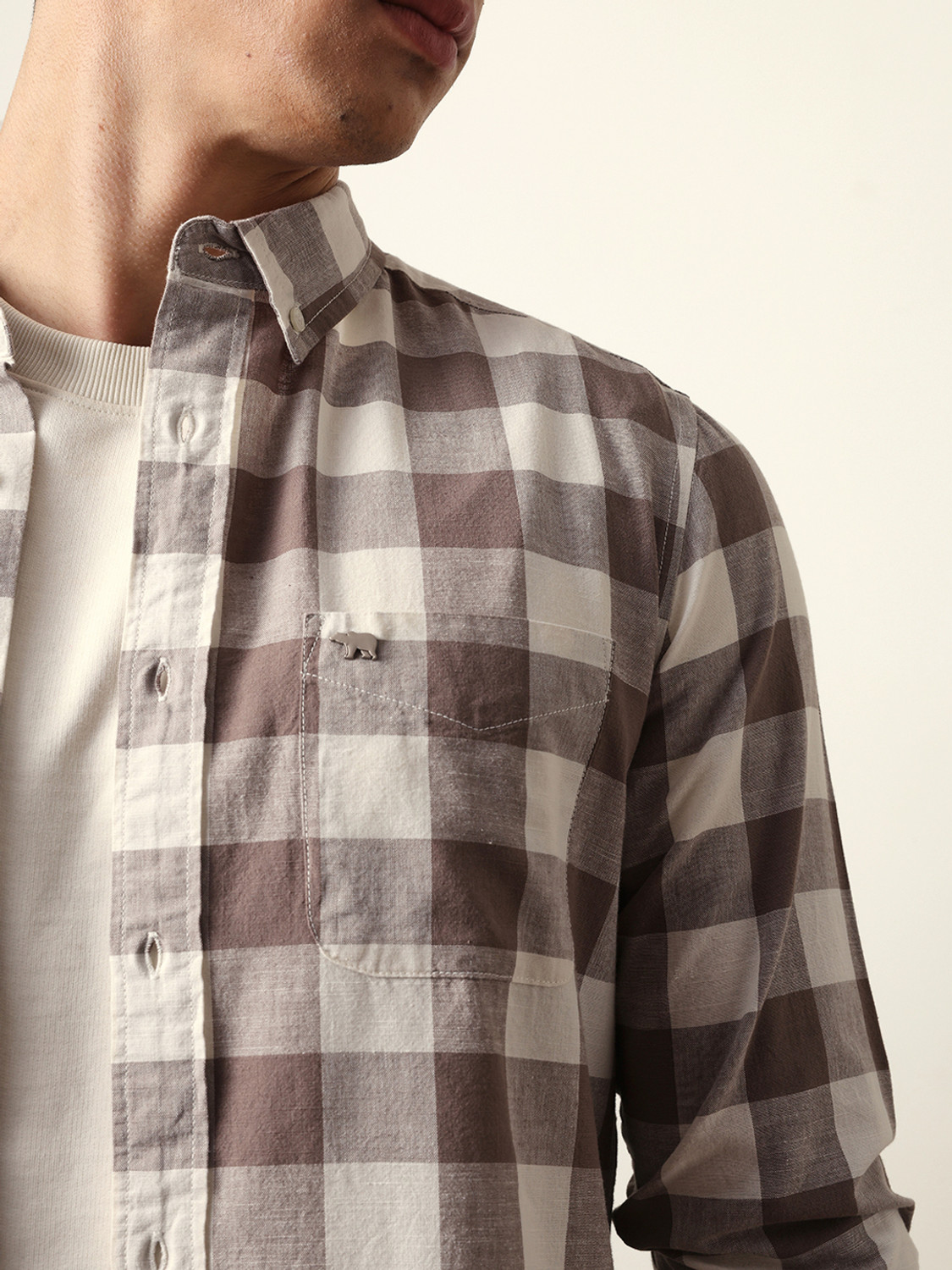 Image of THE BEAR HOUSE Men Checkered Casual Brown, White Shirt