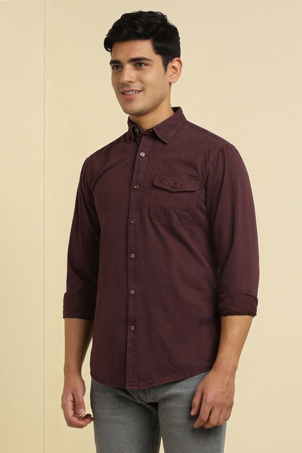 Image of Allen Solly Men Solid Casual Maroon Shirt