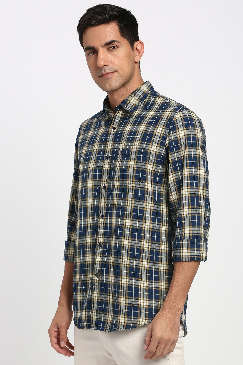 Image of PETER ENGLAND Men Checkered Casual Dark Blue Shirt