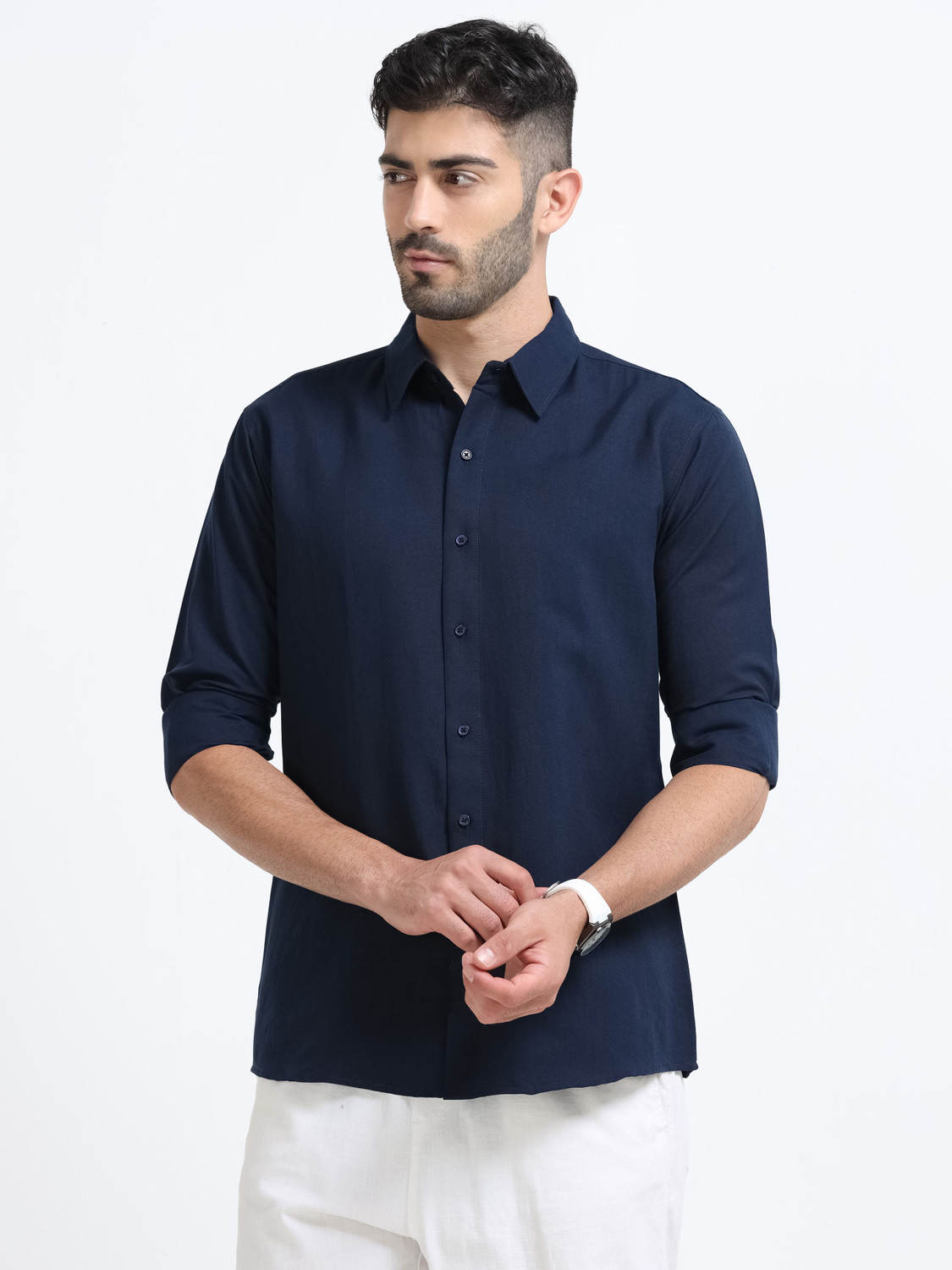 Image of WHISQ Men Solid Casual Dark Blue Shirt