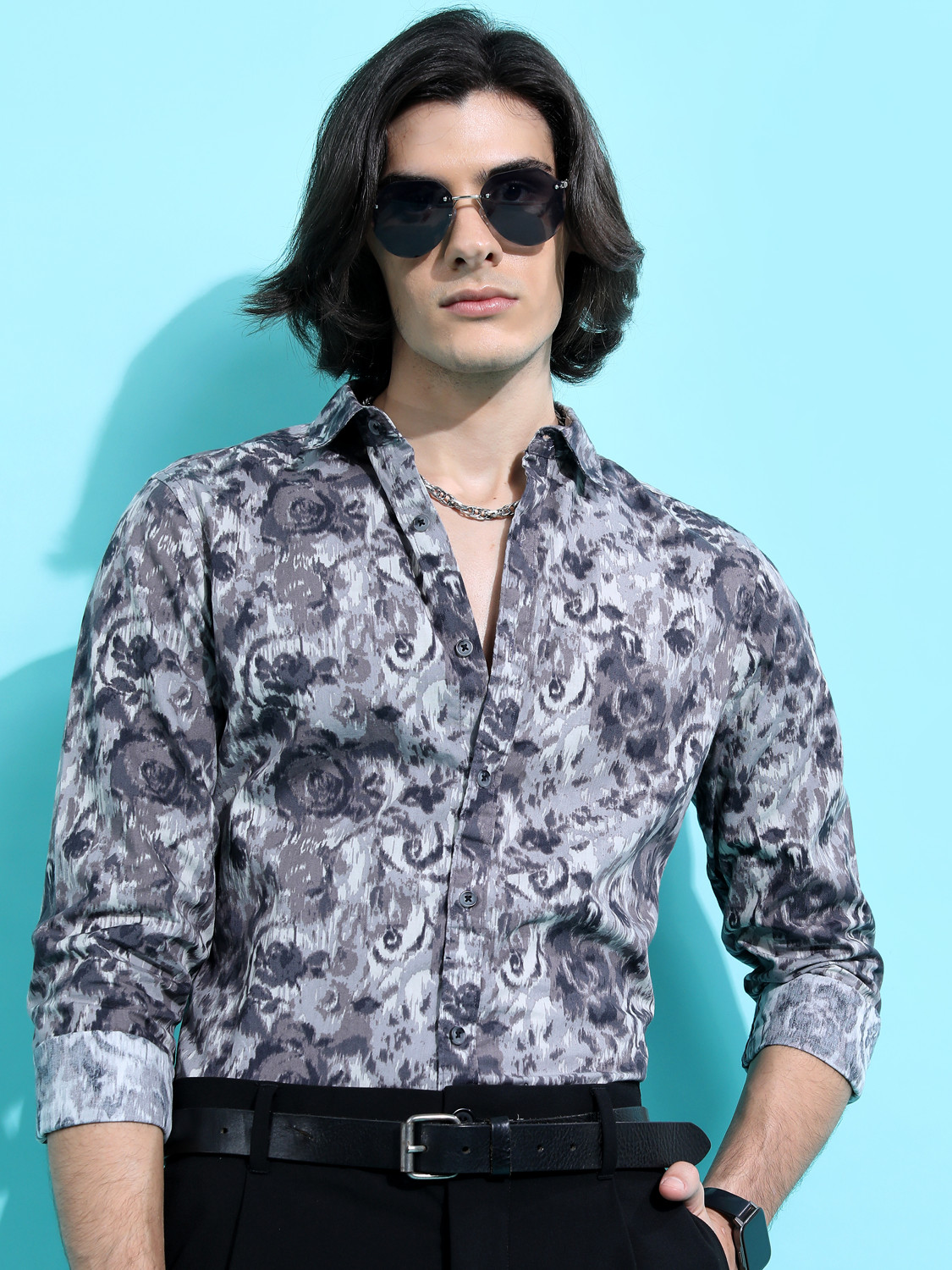 Image of HIGHLANDER Men Printed Casual Grey, White, Blue Shirt
