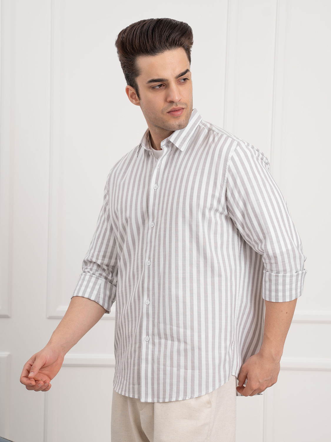 Image of RED TAPE Men Striped Casual Grey Shirt