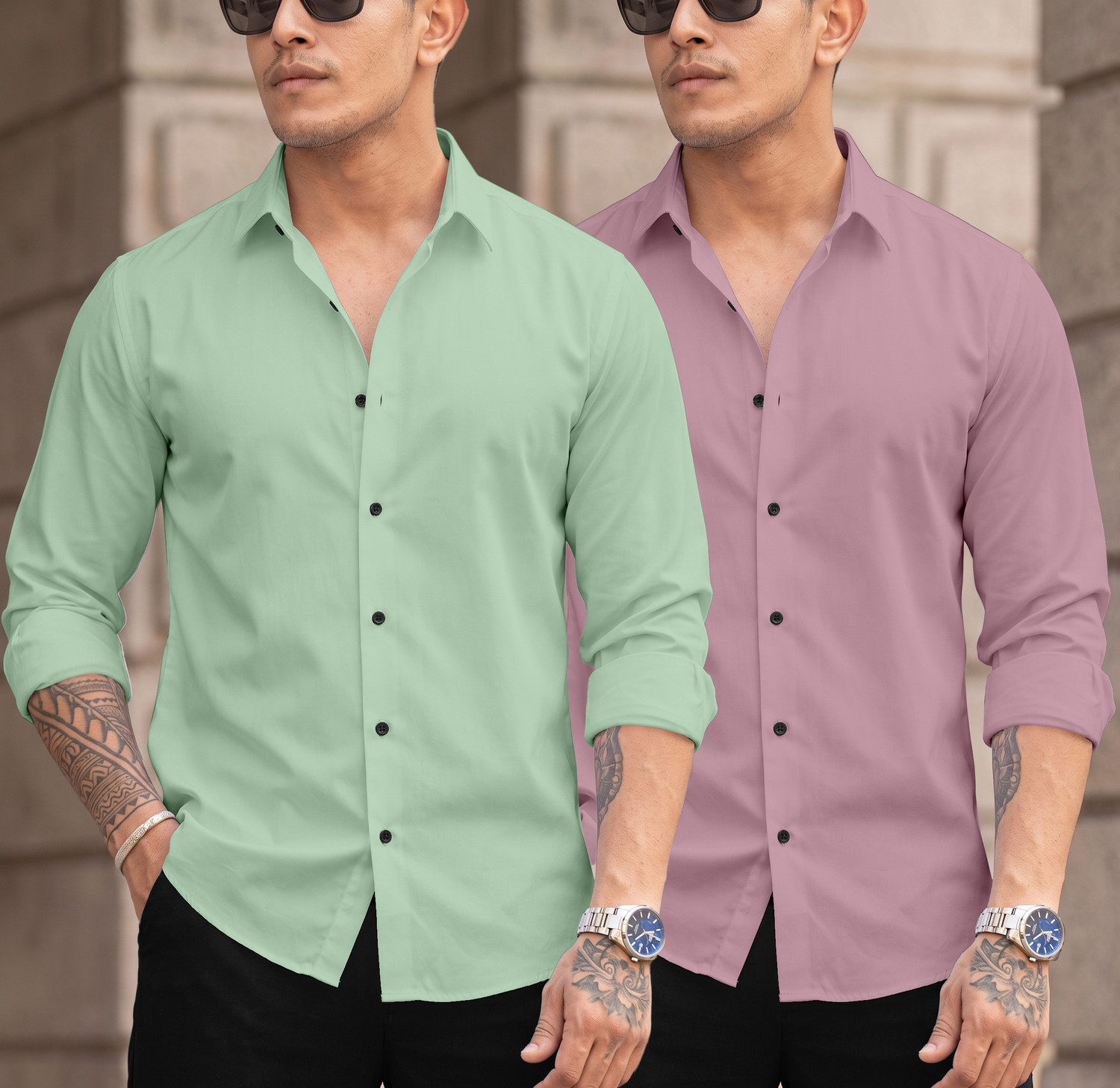Image of DARKMODE Men Solid Casual Orange, Light Green Shirt