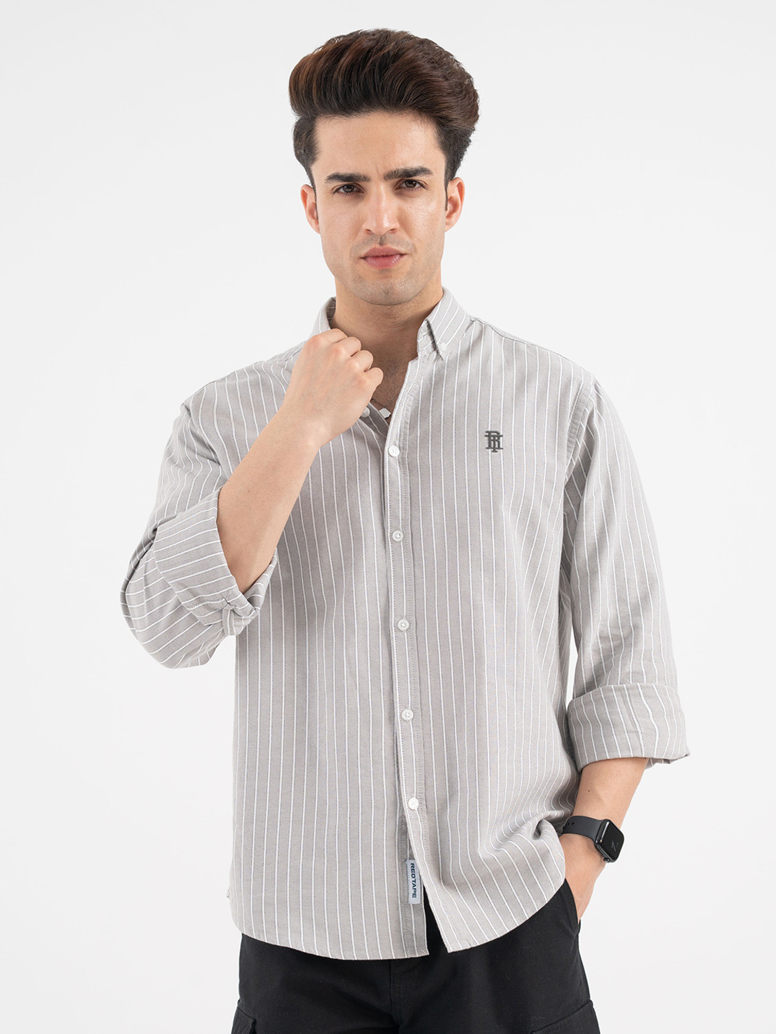 Image of RED TAPE Men Striped Casual Grey Shirt