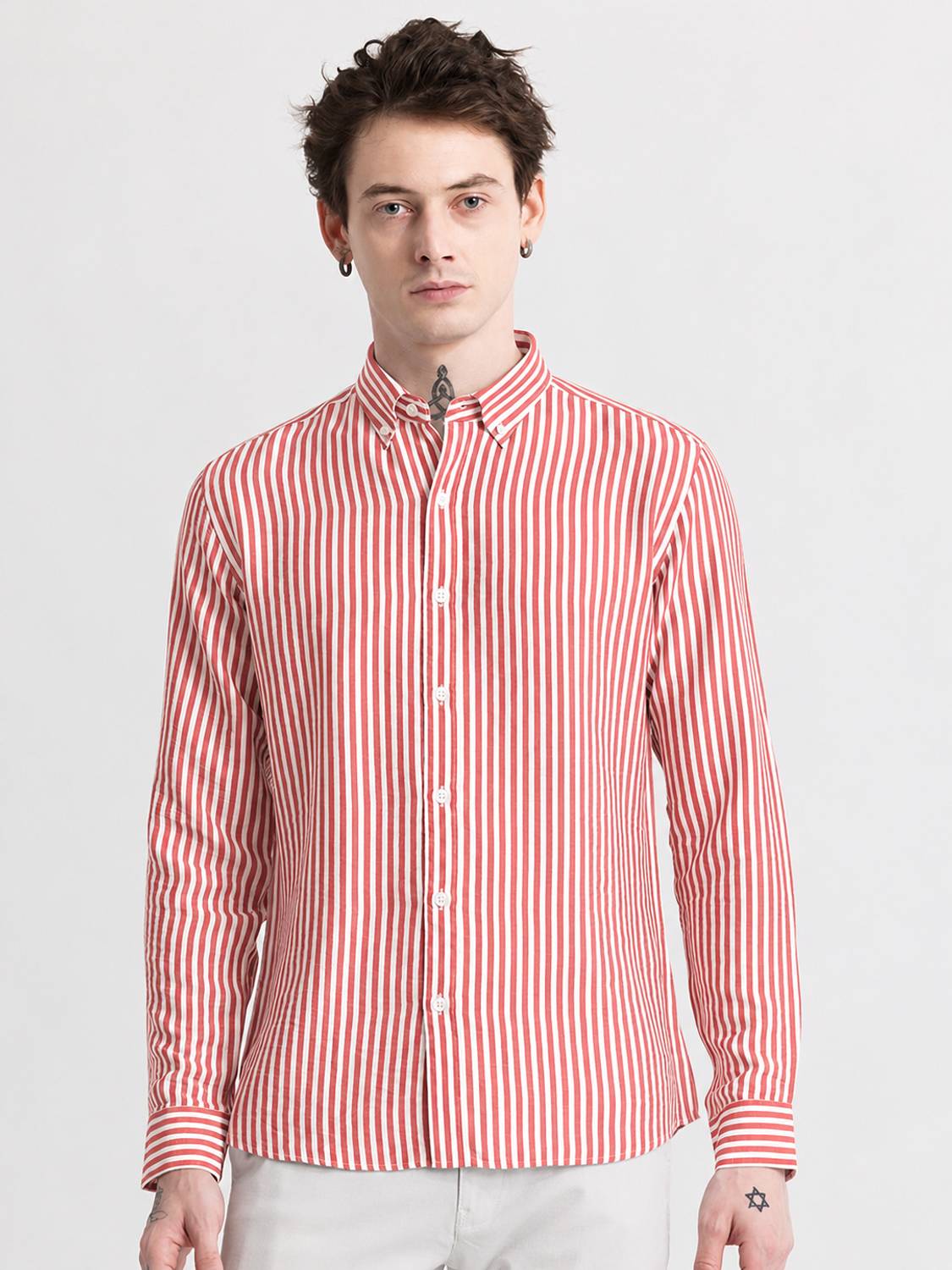 MANCLUB Men Striped Casual White, Red Shirt - Image 5