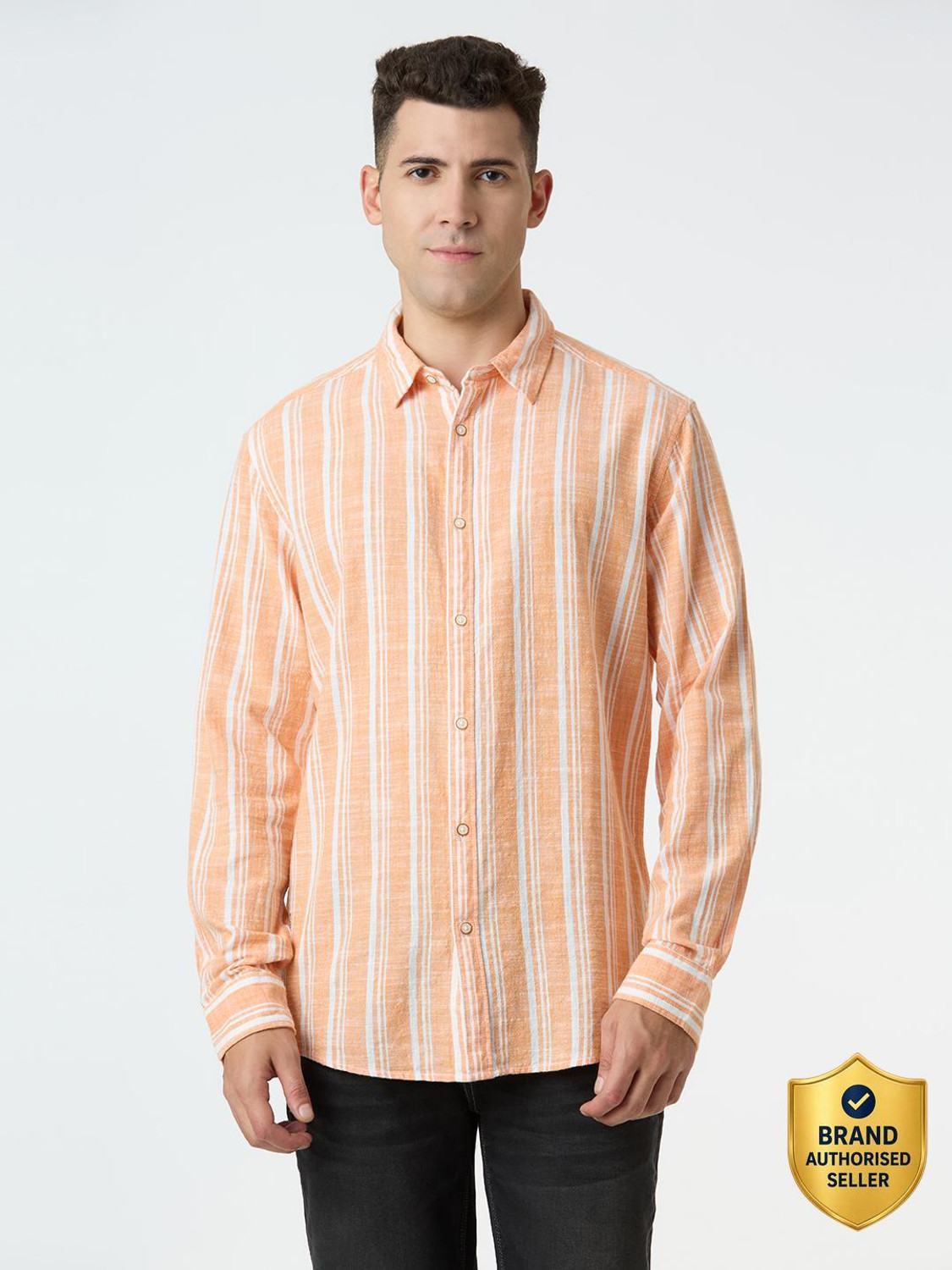 Image of Pepe Jeans Men Striped Casual Orange Shirt