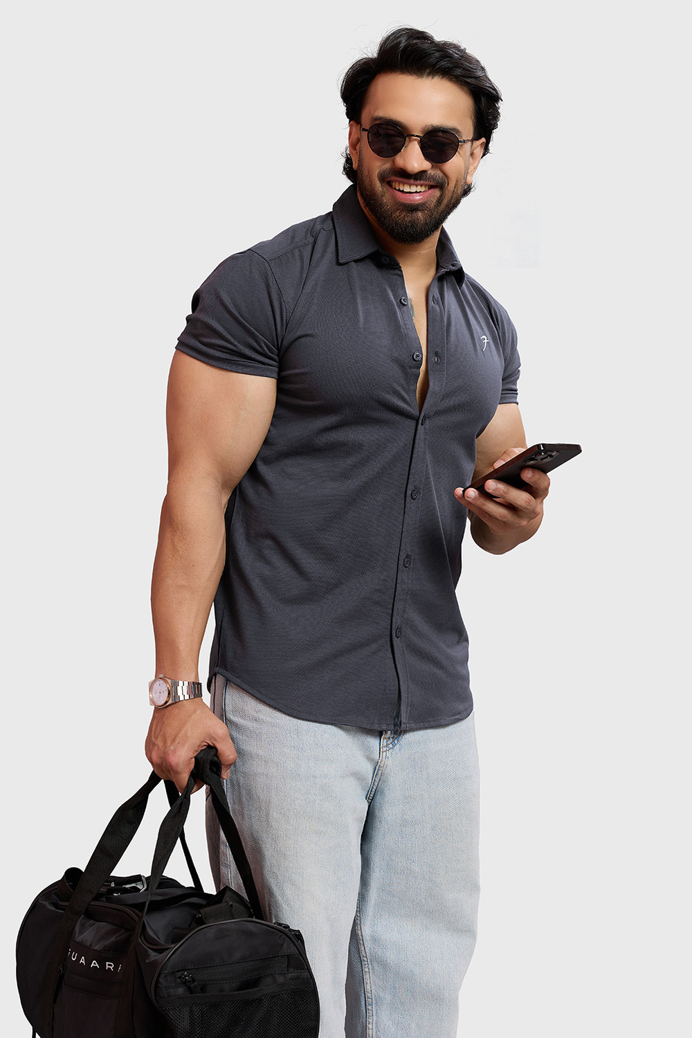 Image of FUAARK Men Self Design Casual Grey Shirt