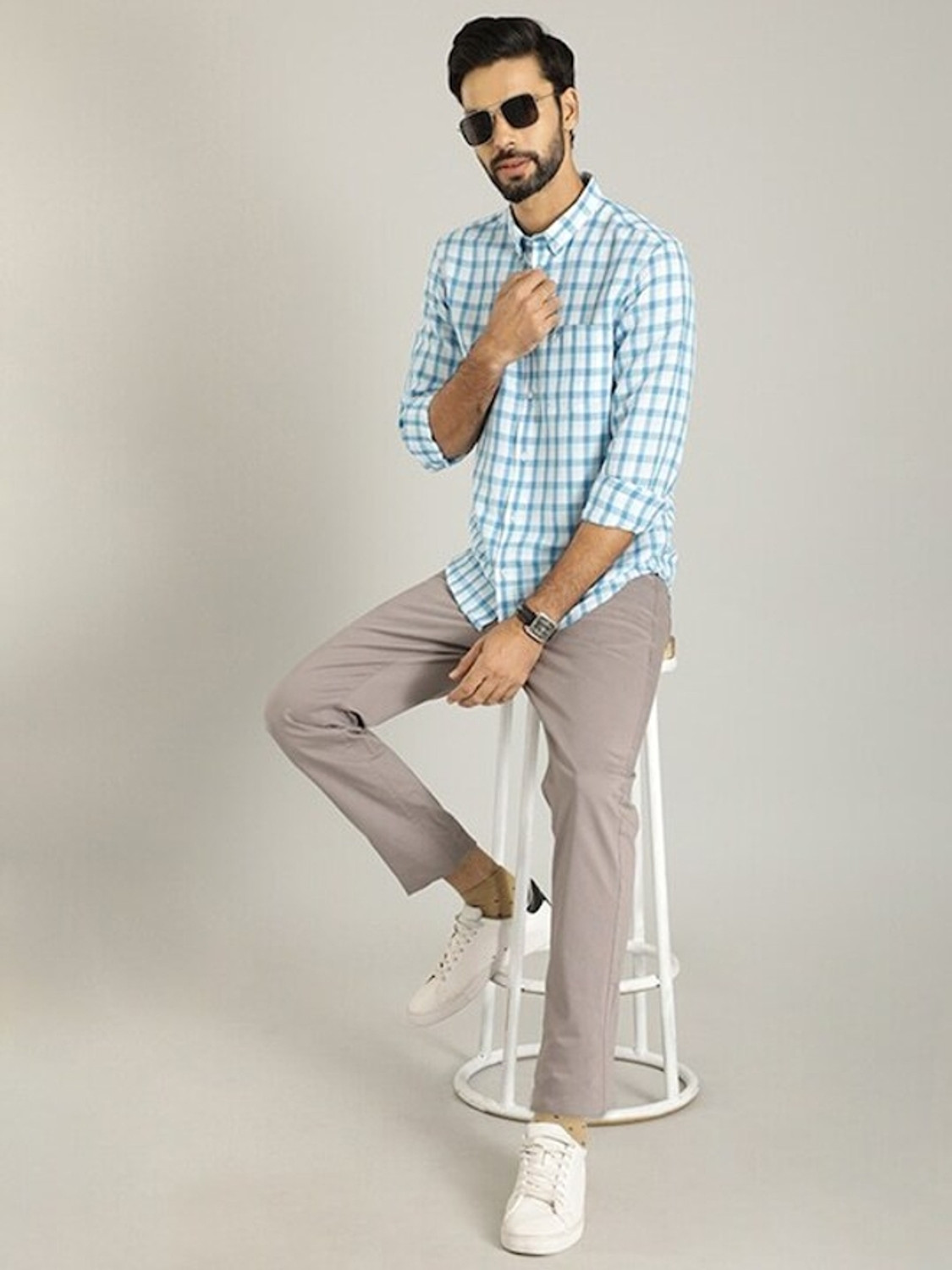 Image of INDIAN TERRAIN Men Checkered Casual Blue Shirt