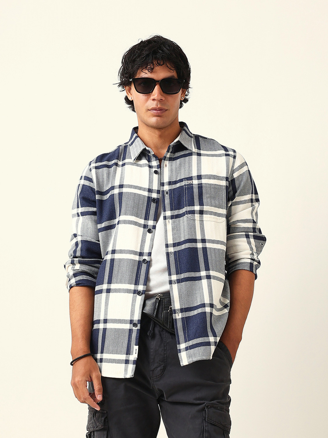Image of THE BEAR HOUSE Men Checkered Casual Blue Shirt
