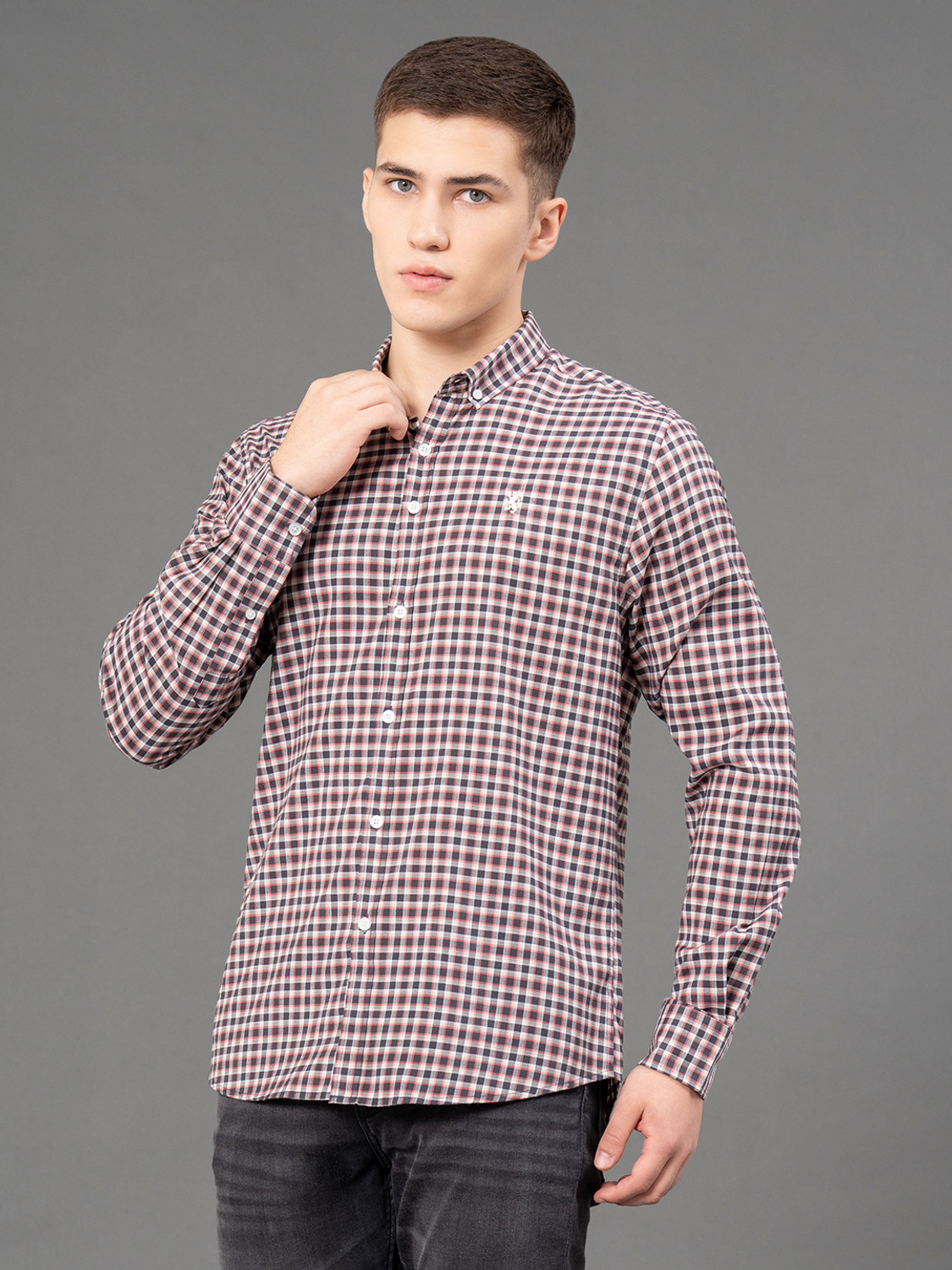 Image of RED TAPE Men Checkered Casual Grey, Brown Shirt