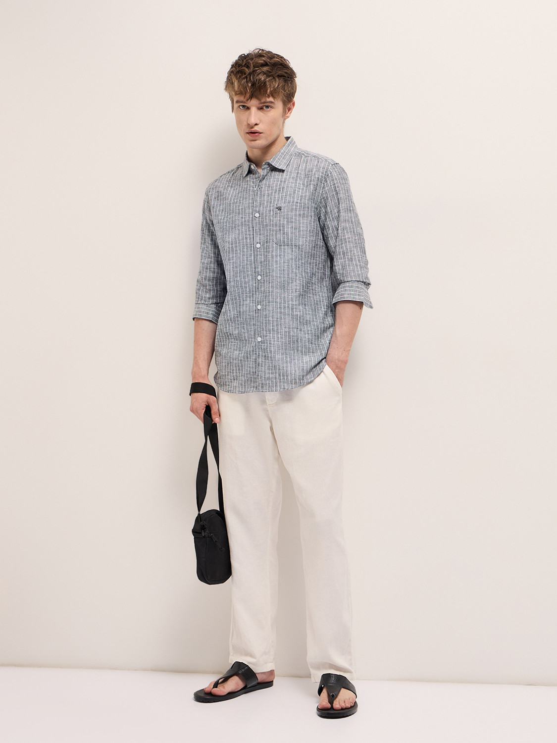 Image of THE BEAR HOUSE Men Striped Casual Grey Shirt
