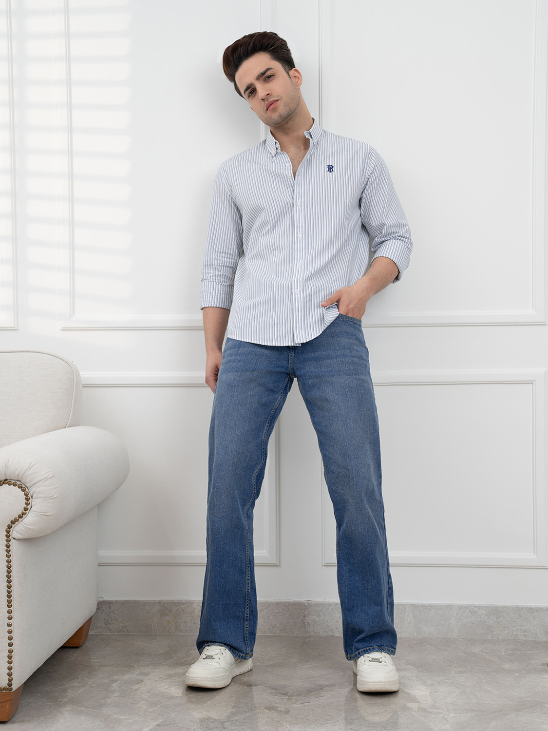Image of RED TAPE Men Striped Casual Dark Blue Shirt