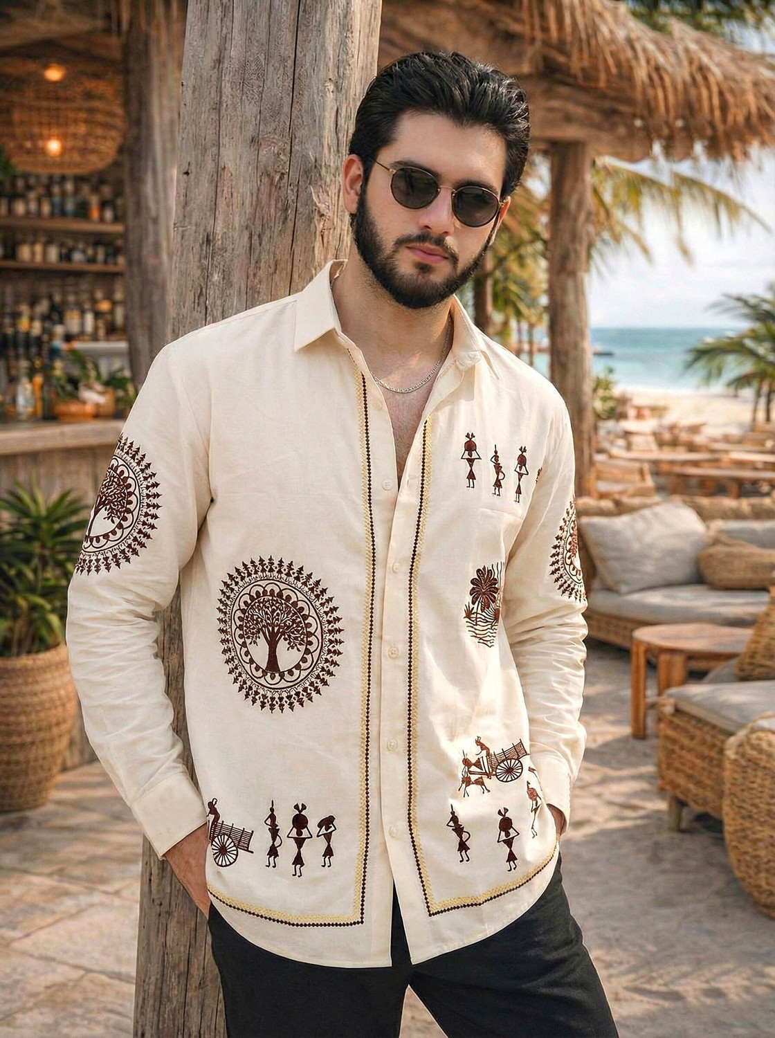 Image of Shree Sai Balaji Men Printed, Ethnic Motifs Casual Cream Shirt
