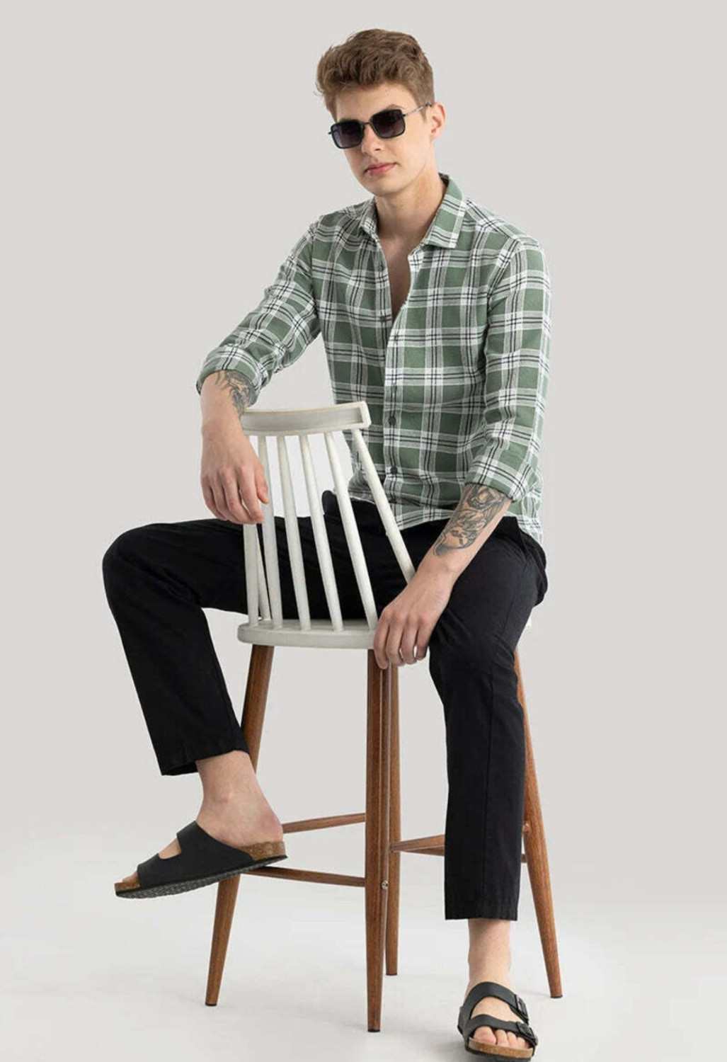 Image of METRONAUT Men Checkered Casual Green Shirt