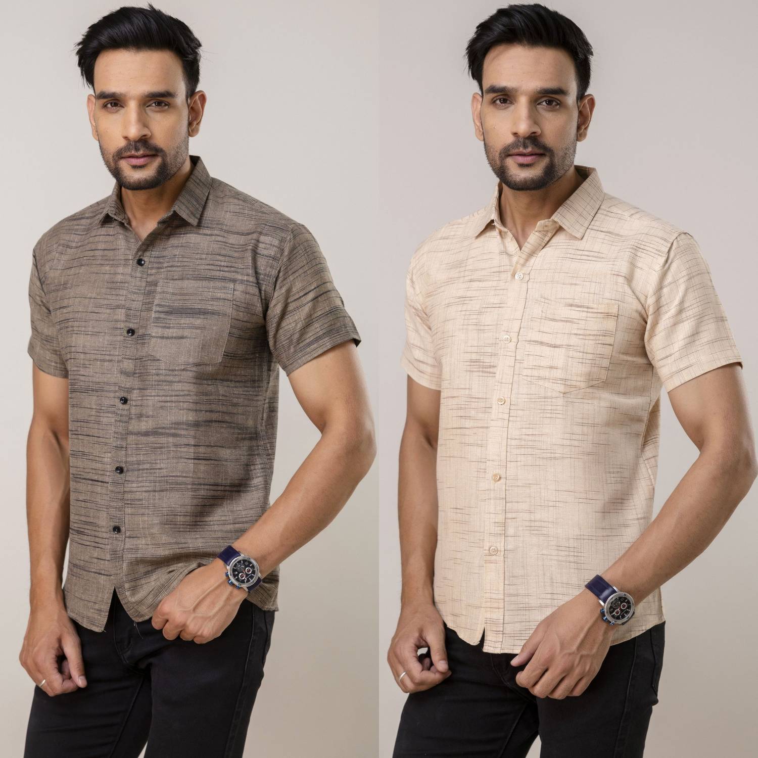 Shozaai Collection Men Striped Casual Brown, Beige Shirt