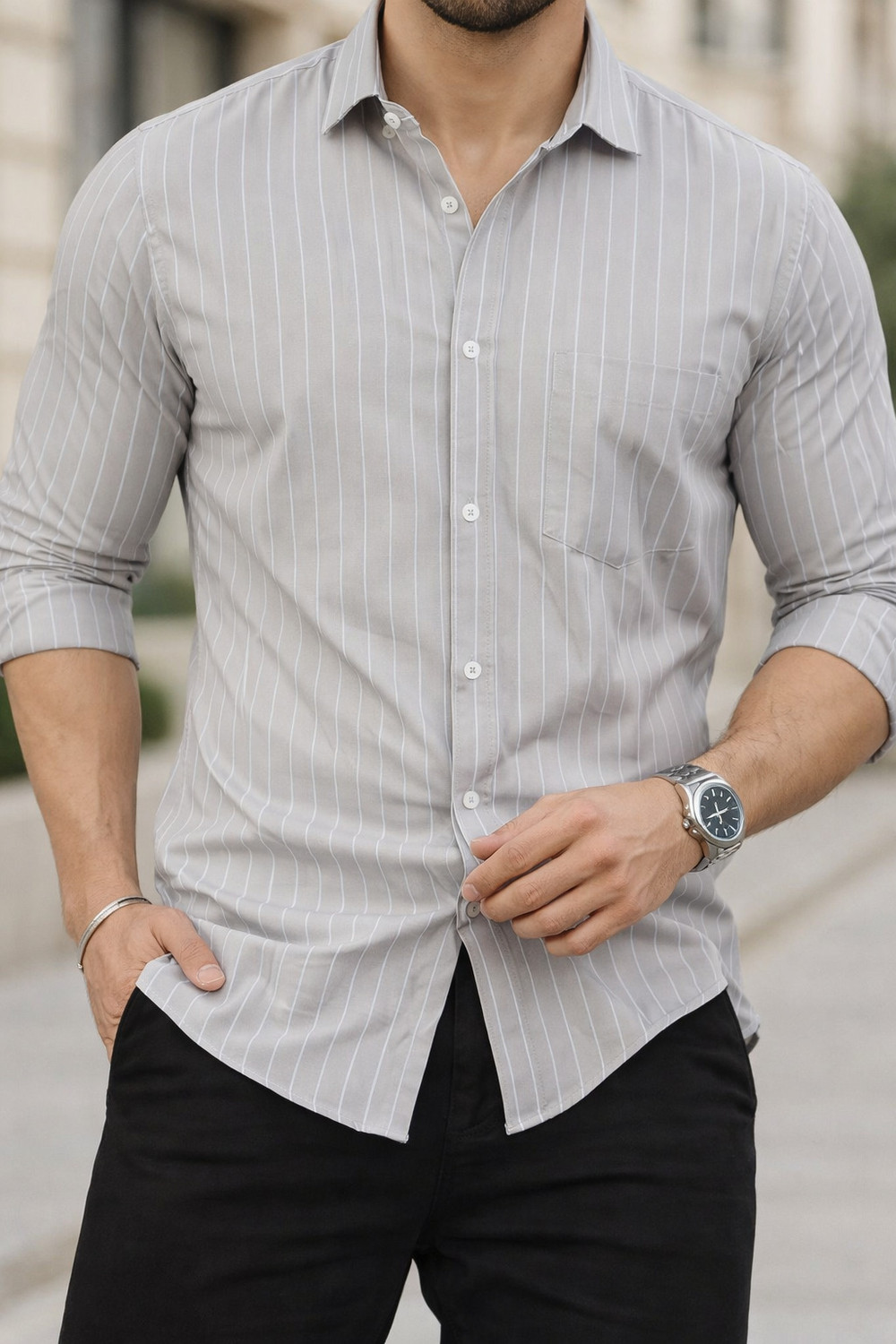 Image of MILDIN Men Striped Casual Grey Shirt