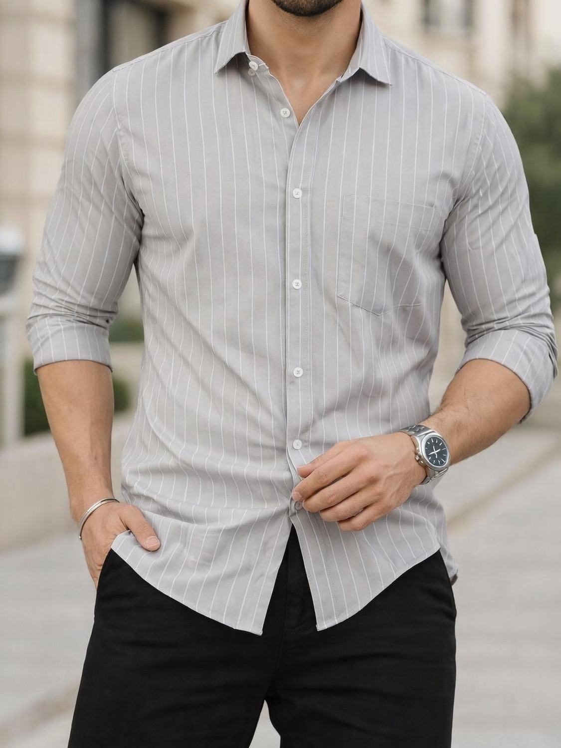 Image of MILDIN Men Striped Casual Grey Shirt