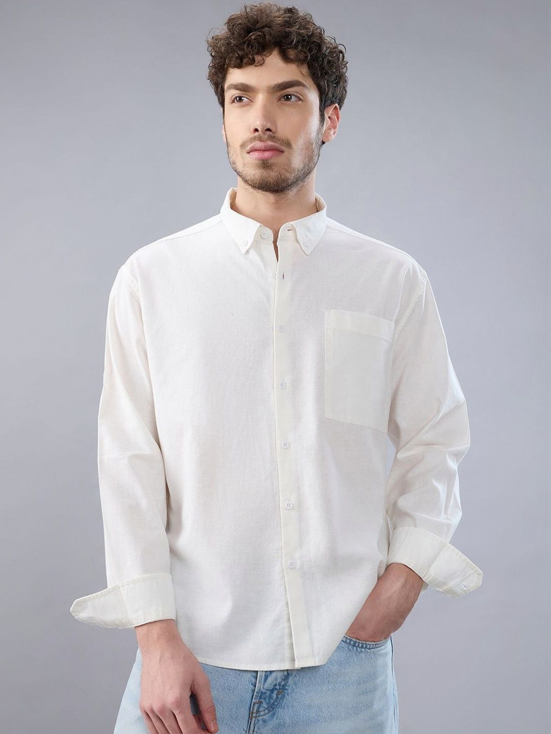 Image of HERE&NOW Men Solid Casual White Shirt