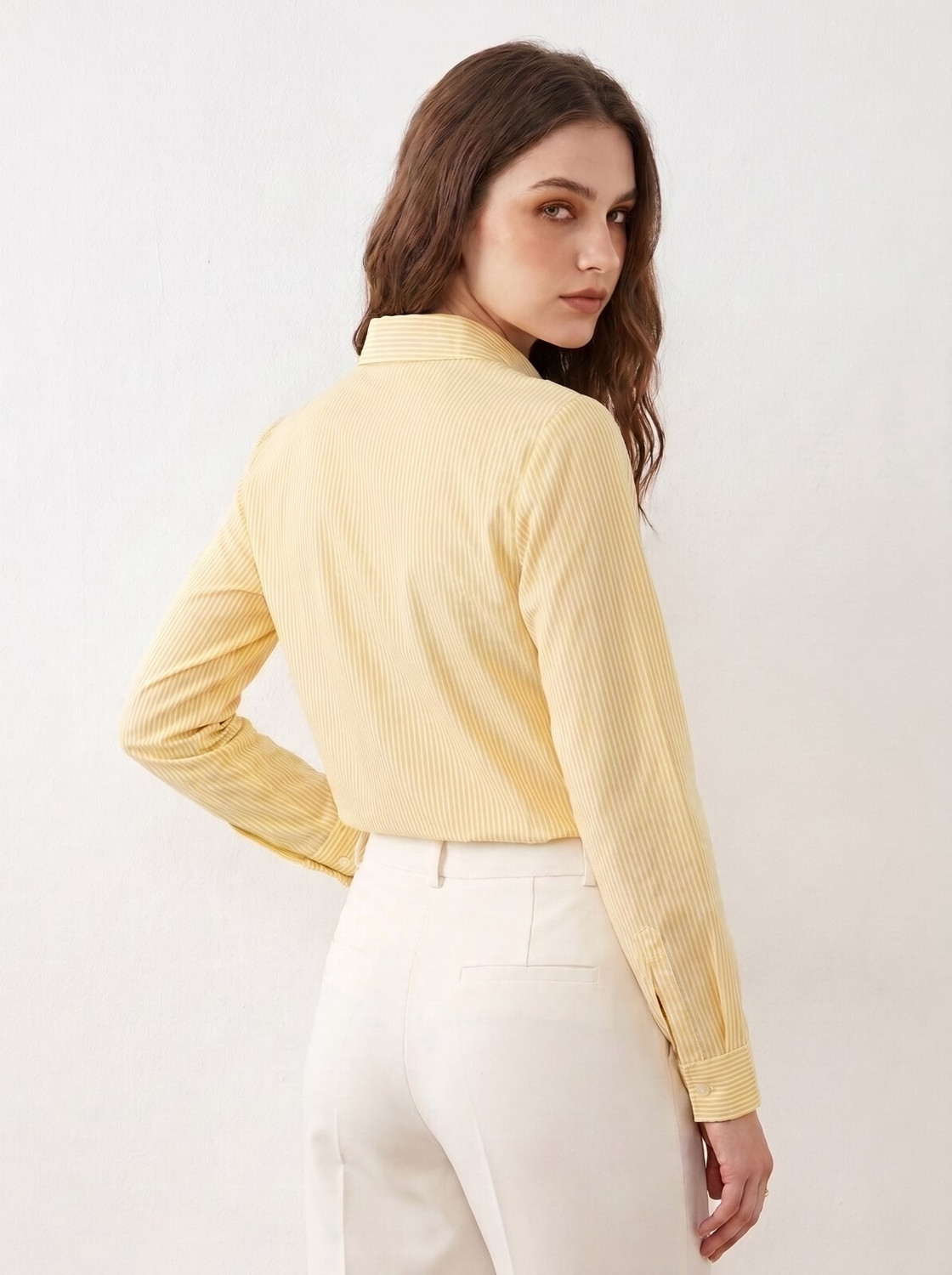 Image of Ovum Women Striped Casual White, Yellow Shirt