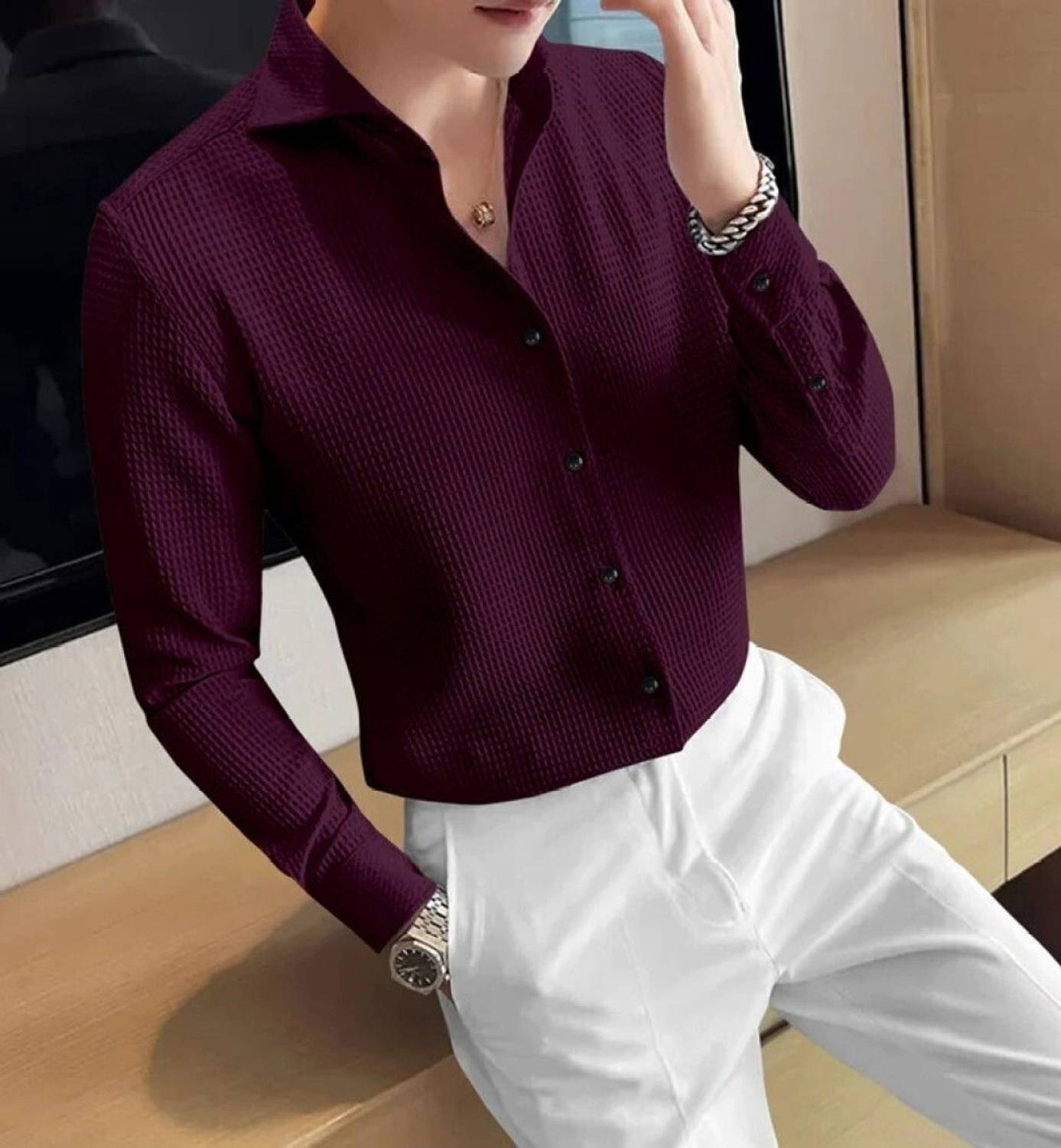 GC FAB Men Checkered, Self Design Casual Purple Shirt