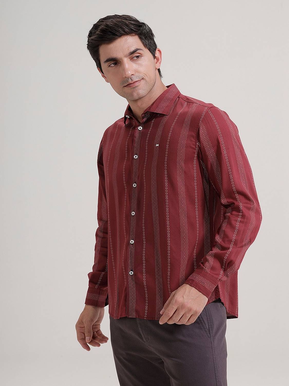 BASICS Men Striped Casual Maroon Shirt